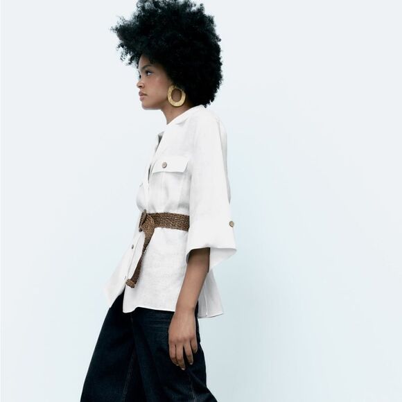 Zara 100% Linen Belted Shirt White New - Picture 2 of 5